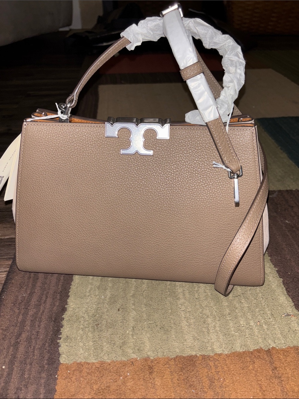 Tory Burch Taupe Pebbled Leather Top-Handle Satchel with Silver Hardware
